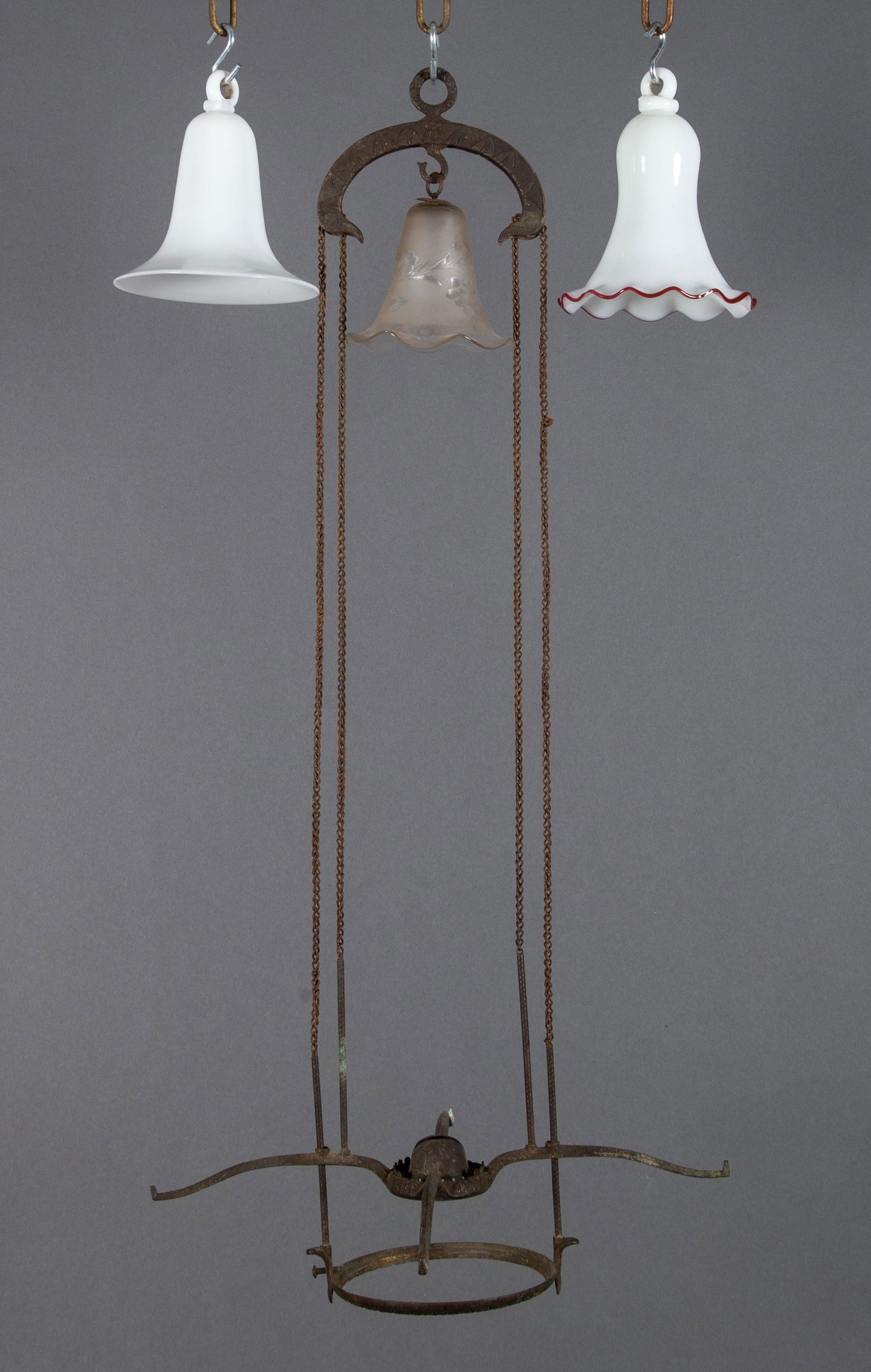 Julius C. Ives Hanging Kerosene Lamp Frame w 3 Glass Smoke Bells (1 of 12)