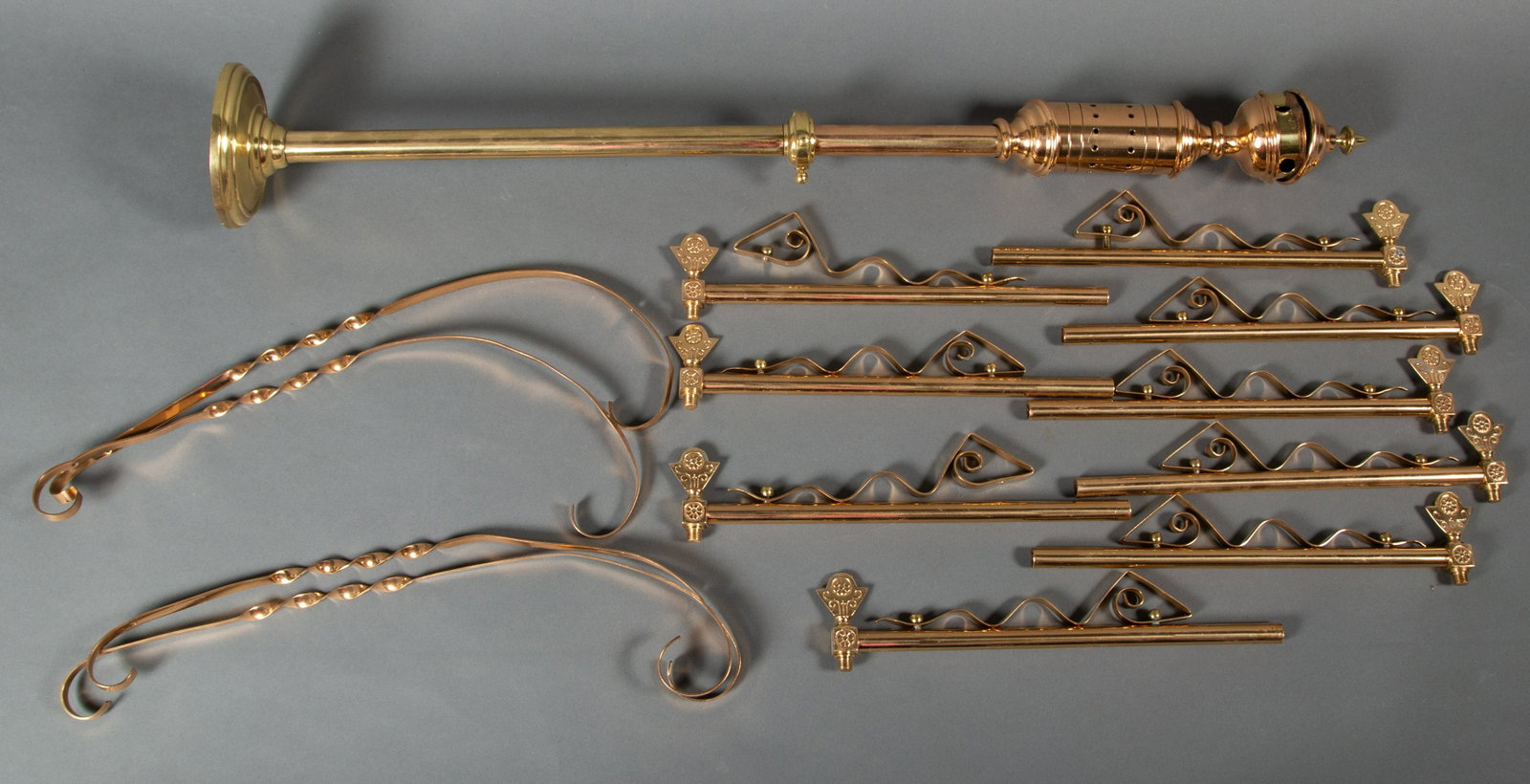 Eastlake Victorian Gas Chandelier Arms Rod & Parts Polished & Lacquered: The makings of a complete light, this lot is comprised of a group of gas light fixture parts. All parts have been professionally polished and lacquered. There are eight arms with attached scroll corbe