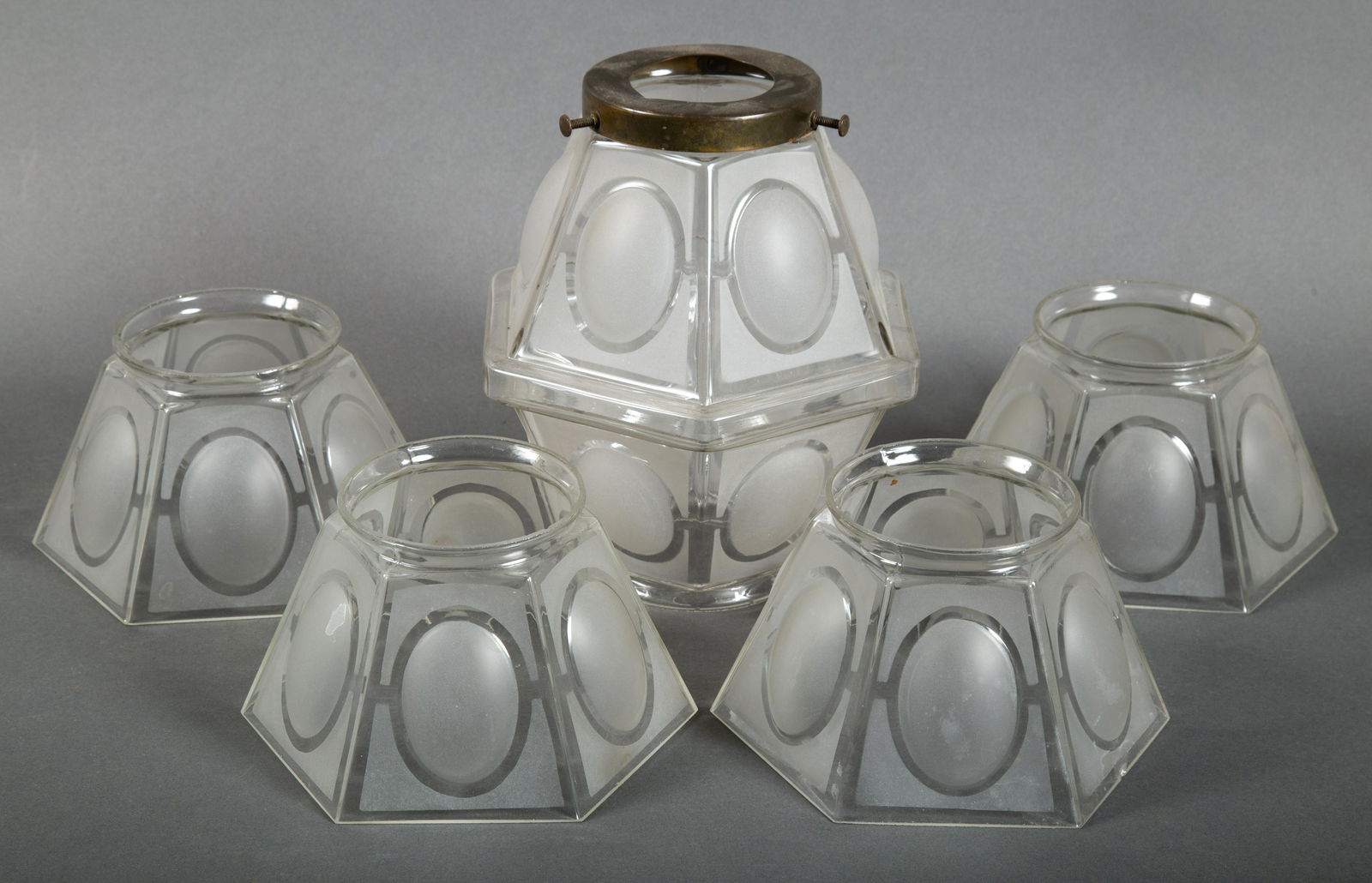 An Unusual Set of Hexagonal Gas Shades w Frosted Cabochon Panels (1 of 5)