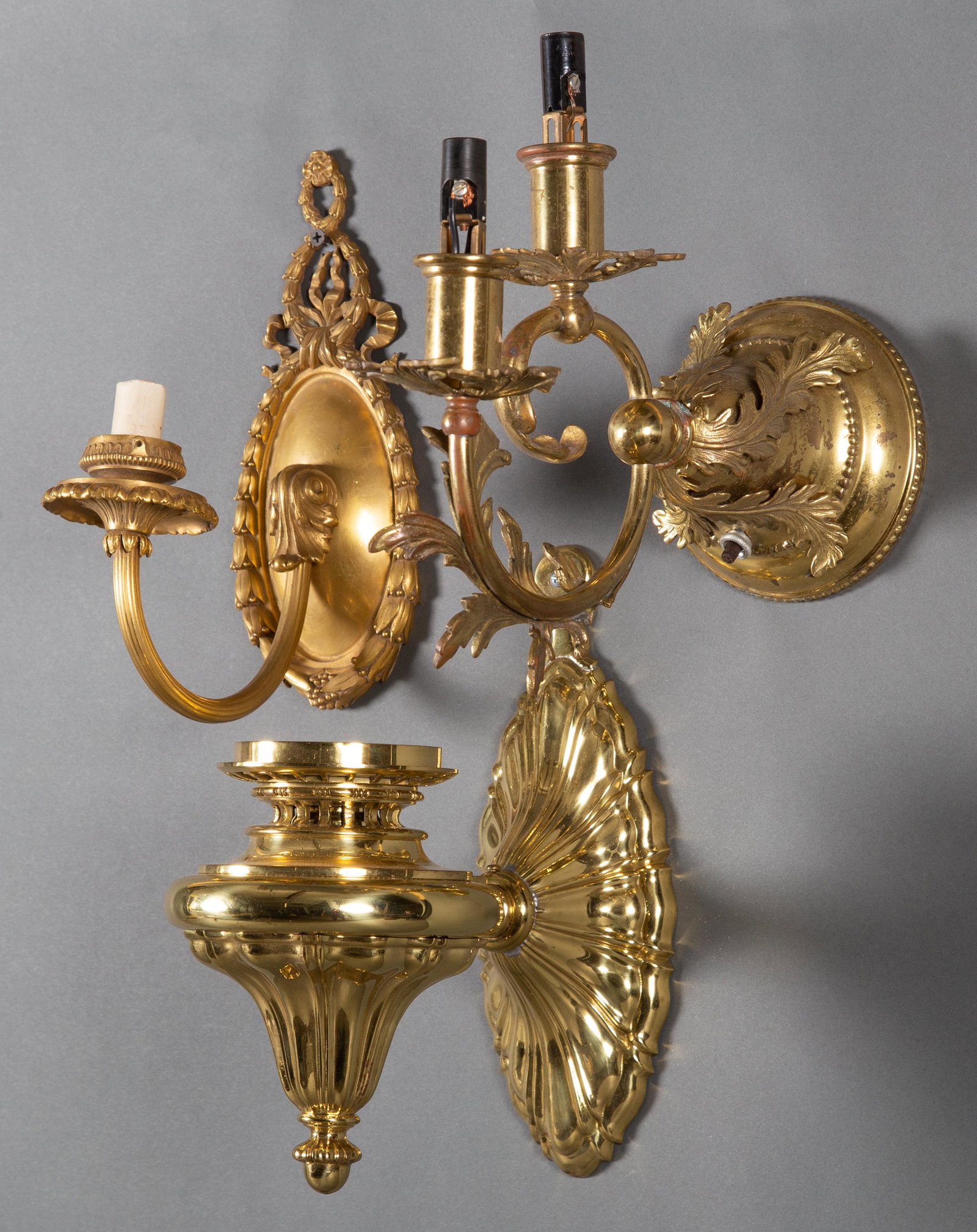 Three Single Elaborate Brass & Bronze Edwardian Sconces: Three single sconces. The first and highest quality of this lot is a dore cast bronze sconce of Caldwell level workmanship. Exceptionals surface and casting. Unmarked. 10" tall. The second, a polished