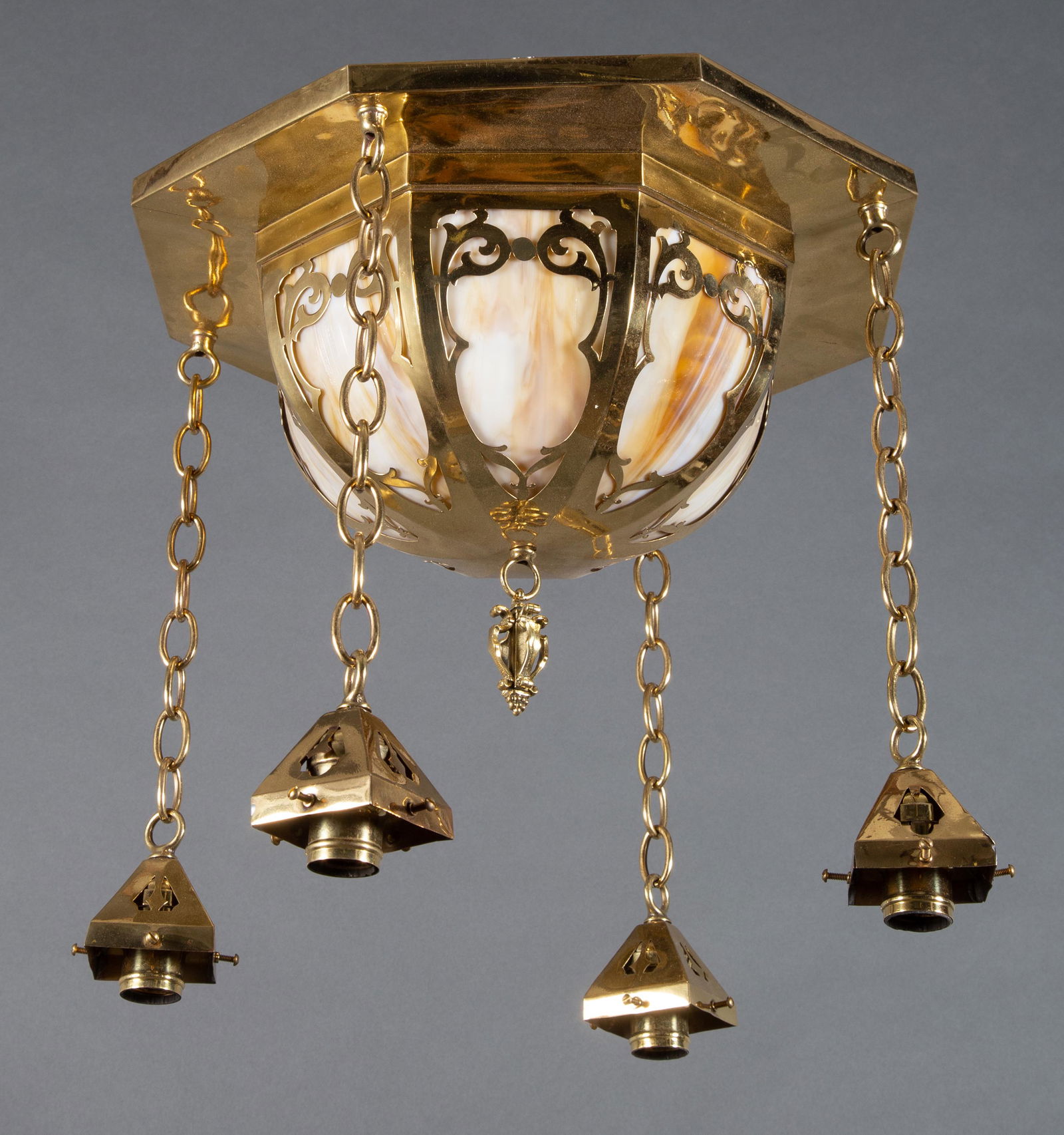 Arts & Crafts Slag Glass & Polished Brass Ceiling Light Fixture w 4 Pendant Light Fitters (1 of 4)