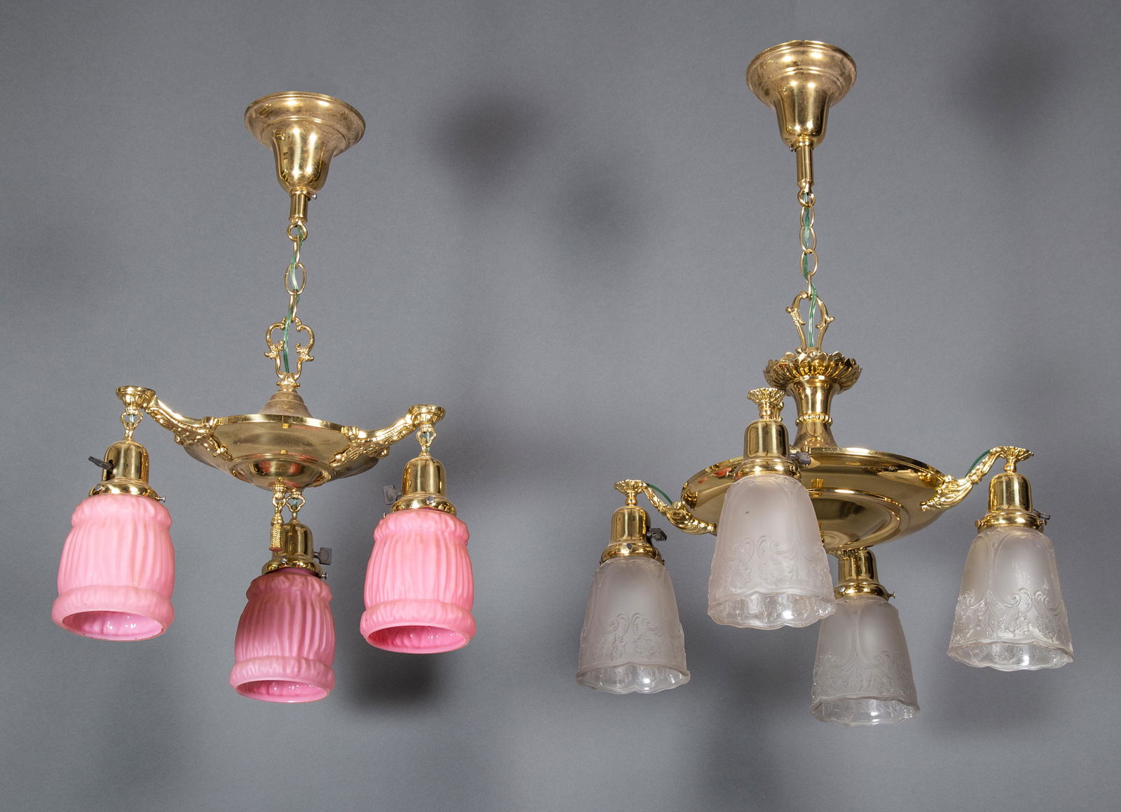 Two Conventionalized Colonial Pan Light Chandelier Fixtures Polished Lacquered w Shades (1 of 7)