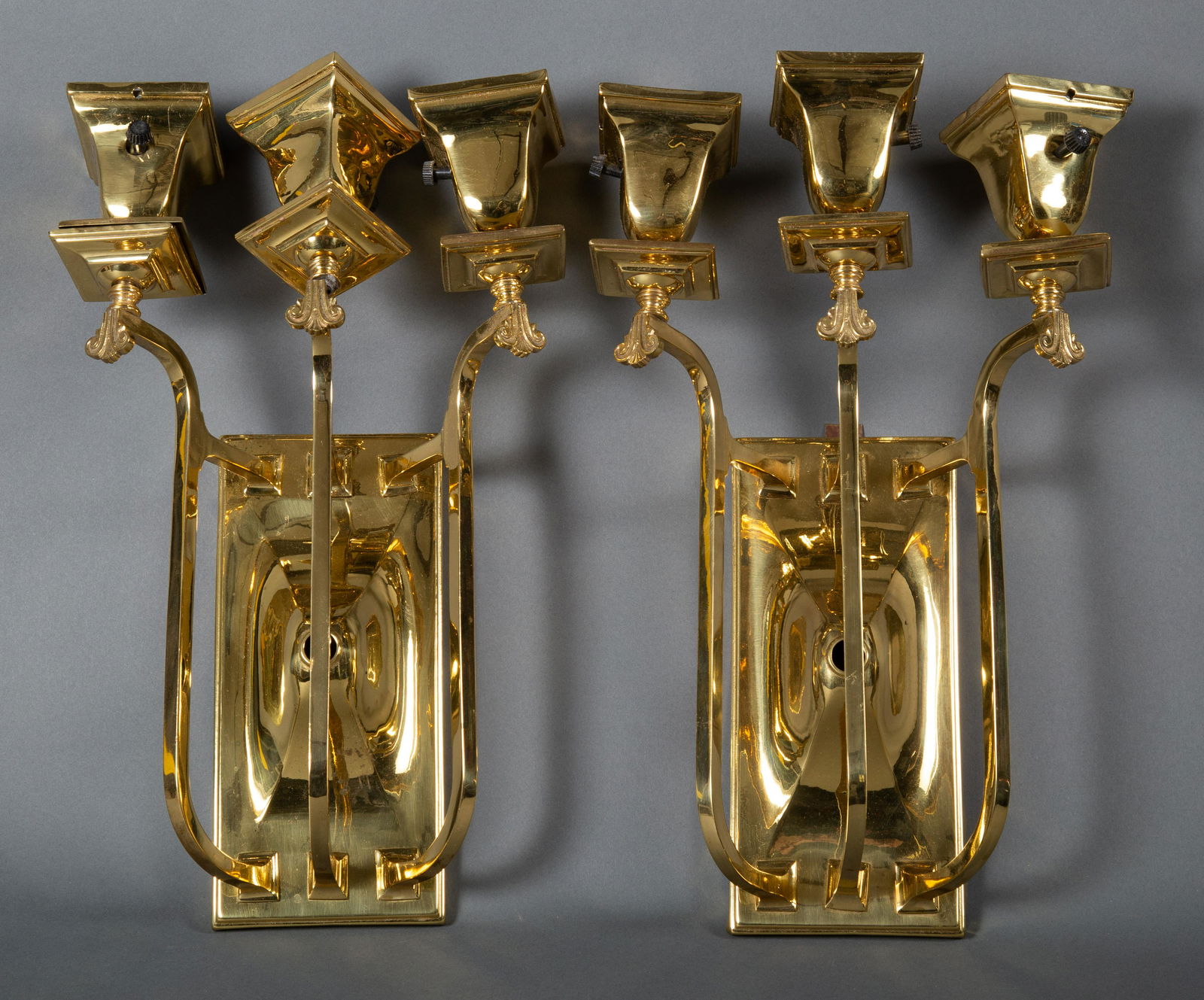 Pr. Early 20th Century Mission 3 Arm Polished Brass Sconces (1 of 6)
