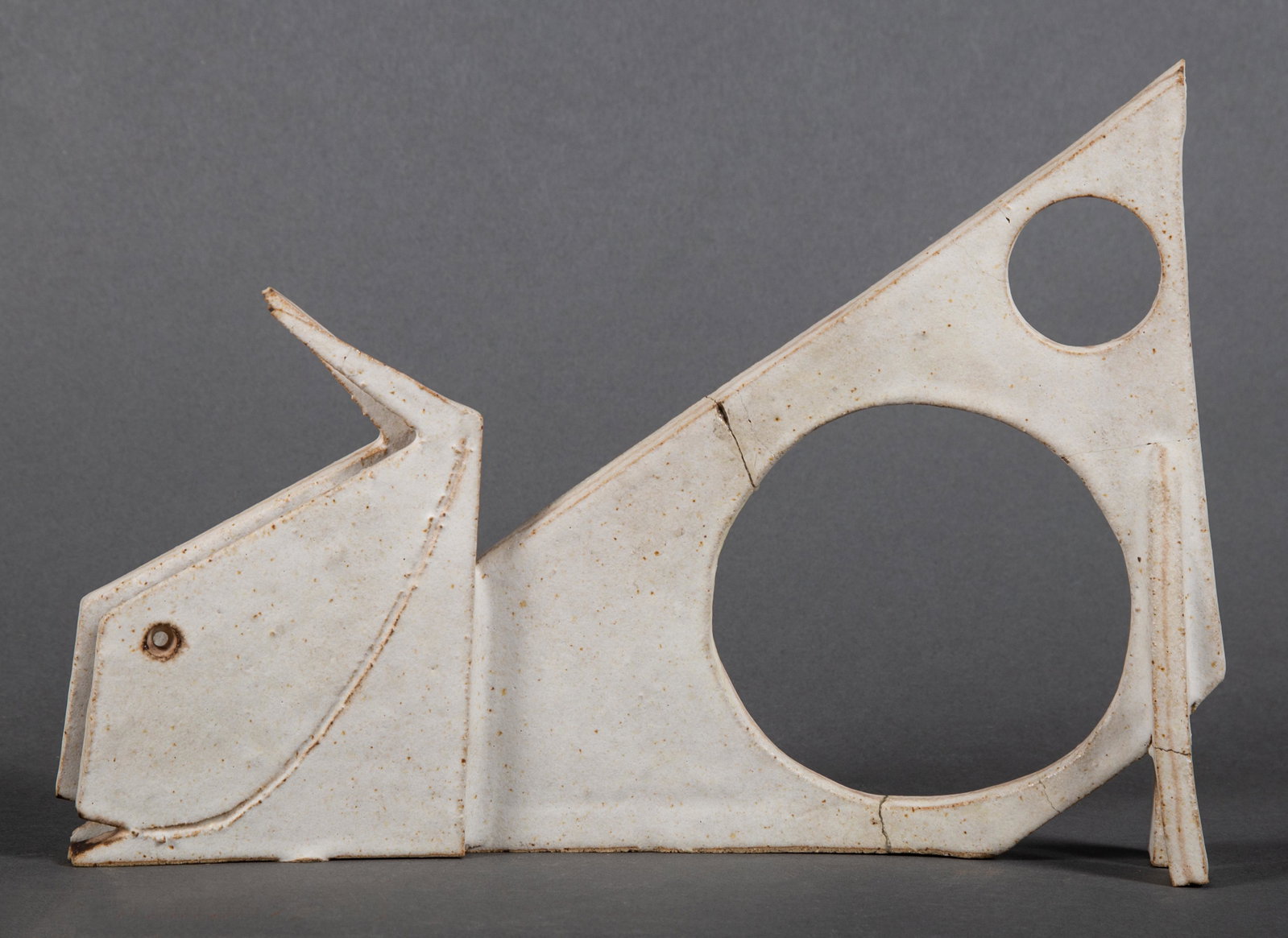 MCM Guido Gambone Abstract Pottery Rabbit Sculpture As-is: A ceramic sculpture by Guido Gambone. An abstract, stylized rabbit form. Broken and glued back together as shown in images. 12" long by 8" tall. Signed Gambone / Italy at base. CONDITION: Broken and a