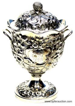 A. E. WARNER COVERED SUGAR: Repousse, berry finial; central monogram; some wear; H-9", 24 TO; G-VG