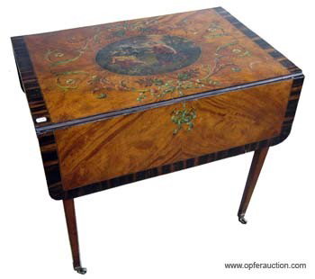 ADAMS PEMBROKE TABLE: Top painted with classical scene and floral sprays; rosewood banded; tapered legs have painted bellflowers; finish crazed and veneer liftin in central image; H-30", L-33", F-G