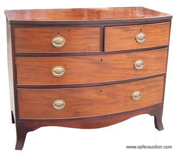 HEPPLEWHITE BOW FRONT CHEST: Mahogany with banded top; (2) over (2) drawers; scalloped skirt; French bracket feet; minor checking on sides, feet and drawer stretchers; H-33", L-41", G-VG