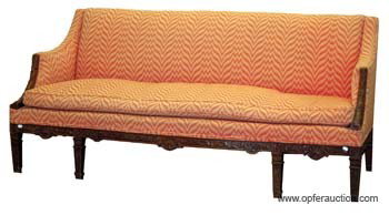 CHIPPENDALE STYLE SOFA: Carved frame, flame stitch upholstery; shaped seat; H-34", L-74", G-VG