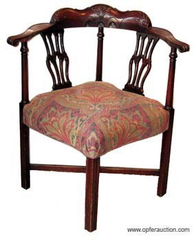PAIR CHIPPENDALE STYLE CORNER CHAIRS: Mahogany with pierced splat backs; X-stretcher and carved crests; minor wear and scratches; H-32", G-VG