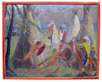 IMPRESSIONISTIC INDIAN VILLAGE: Oil on artist board; heavy palette; back of board reads "To Mrs. A. W. Sawyer?" from "E. W. Dickinson Provincetown Mass"; 27" x 34", G