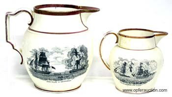 (2) LUSTREWARE PITCHERS: (1) Larger "wasp & reindeer" with "MacDonoughs Chaplain Victory" bottom repaired; (1) smaller "Enterprize & boxer" with "Constitution taking Cynne & Livant" minor rim wear; H-6"-8", P-F
