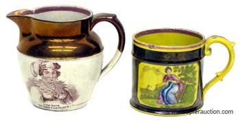 (2) PCS. COPPER LUSTREWARE: (1) cup with canary band "Hope", imperfection in rim; some wear; (1) "God Save Queen Caroline" with verse; crazing; H-3"-4", G