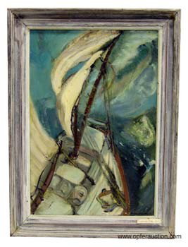SARAH C. RHODE SAILING PAINTING: "Chesapeake Storm" oil on canvas; signed lower right; needs cleaning; 22"x 15", G-VG
