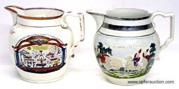(2) LUSTREWARE PITCHERS: William Ambler 1828, (1) Orange Society emblems and statue of King William, minor rim roughness and wear; (1) "Boneys Return from Russia to Paris" and "Cossack Mode of Attack"; stress crack tin base;