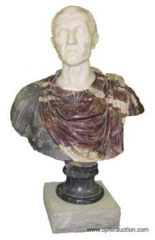 MARBLE BUST OF CAESAR: White marble head on varigated breast on dark marble plinth on granite square base; excessive damage; H-40", P
