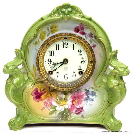 ANSONIA ROYAL BONN CLOCK: (La Charny) 8 day, ceramic; movement complete and original;