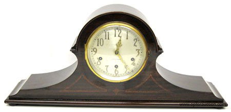 SETH THOMAS MANTLE CLOCK: 8 Day, mahogany case; Westminster chime, raised bronze numbers, inlaid tambor; retailed by John Roberts & Son Pittsburg; #124 movement;