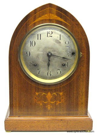 SETH THOMAS MANTLE CLOCK: 4 bell Sonora chime, inlaid case, movement is complete but dirty, silver dial shows wear;