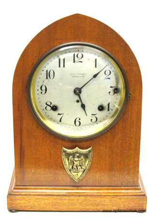 SETH THOMAS BRACKET CLOCK: Sonora chime, 5 bell; mahogany case with crest;