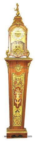 BOULLE SHELF CLOCK: Mahogany case with brass inlay and ormolu, on pedestal stand; conemporary;
