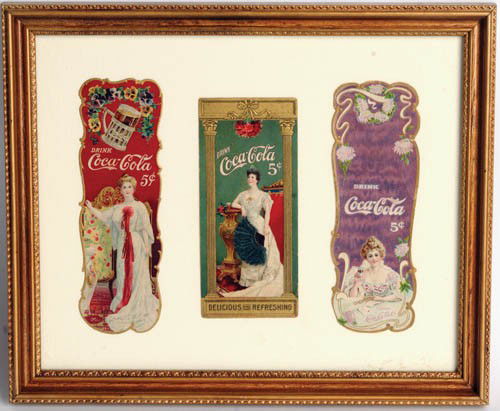LOT OF 3 COCA-COLA BOOKMARKS 1902, 1904, 1905,: Lot of 3 bookmarks 1902, 1904, 1905, embossed card stock Three beautiful examples, nicely framed in gold frame. 1902 has very minor bend, 1905 has very minor edge chip and tiny corner bend. 1904 has c