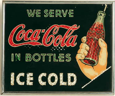 C.1937 REVERSE GLASS COCA-COLA SIGN: c.1937 reverse glass 10"x12" sign Foil back with chrome frame. These signs are highly priced by collectors and this one is a beauty. Just some very tiny flakes on fingers, some minor wear around a few