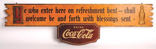 1940's Coca-Cola Kay Displays Wood & Tin Sign: 1940's Kay Displays wood and tin cutout hanging sign 11"x39" Some scuffs and scratches, tarnishing on tin and gold border