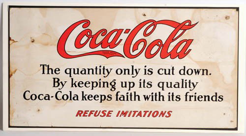 C.1918 COCA-COLA TROLLEY SIGN "REFUSE IMITATIONS": c.1918 trolley sign "Refuse Imitations" 11"x 20 ¾" Some light staining throughout, some nail holes, specks and two small edge tears. Hard one to find