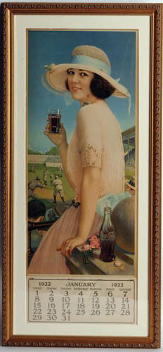 1922 Coca-Cola calendar, full pad: 1922 calendar, full pad starts January. Outstanding color, one of the most colorful of all the 1920's calendars. This example is pretty. Two creases almost unnoticeable, minor white edge darkening, ed
