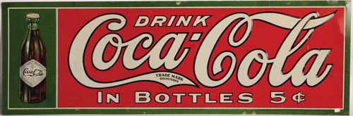 c.1908 Coca-Cola tin embossed sign: c.1908 tin embossed sign 12"x36" featuring the paper label bottle. Beautiful color, and a nice high gloss. Nail hole top center in green border, some scratches and minor edge wear. This is one pretty