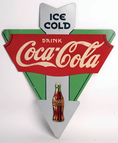 1933 COCA-COLA PLYWOOD TWO SIDED HANGING SIGN: 1933 plywood two sided hanging sign Outstanding color on both sides, applied bottles are both nice. A few scuffs and scratches, some bending. One side has stains in white logo. A pretty sign