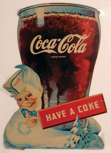 1946 Coca-Cola cardboard cutout: 1946 cardboard cutout 18"x 26" featuring the Sprite Boy. Easel back, some specks, minor edge wear at bottom. Bend at top right corner