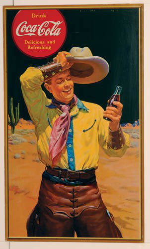 1941 COCA-COLA CARDBOARD SIGN: 1941 cardboard sign 16"x 27". "Cowboy" very colorful and popular image. This one is very nice with only minor corner and edge wear. A few white scuffs at edge