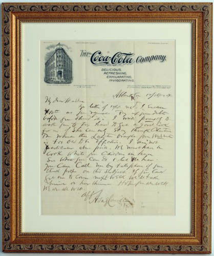 1904 COCA-COLA ASA CANDLER LETTER: 1904 Asa Candler letter on Coca-Cola Company letterhead Written and signed by Asa Candler to his brother Walter. Folded, some ink stains at end of signature. Early Candler signed letters are rare. A v