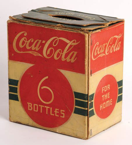 1930'S COCA-COLA SIX BOTTLE BOX: 1930's six bottle box Very unusual example, cardboard. Some wear and scuffs, bends on handle flaps