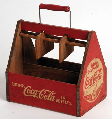 C.1941 COCA-COLA 6 BOTTLE WOOD CARRIER WITH BOTTLE: c.1941 six bottle wood carrier with bottle separators Very rare red version and it is a beauty. A few scratches and rubs