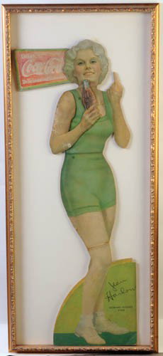 1932 COCA-COLA CARDBOARD CUTOUT - JEAN HARLOW: 1932 cardboard cutout featuring Jean Harlow 42". This piece is rough but extremely rare. Very few Jean Harlow Coca-Cola pieces exist. This one has quite a bit of wear and repair, stabilized from the b