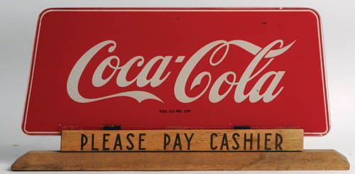 1948 Coca-Cola reverse glass counter sign: 1948 reverse glass counter sign wood base counter sign. A few specks and flakes in glass. Some wear on wood base