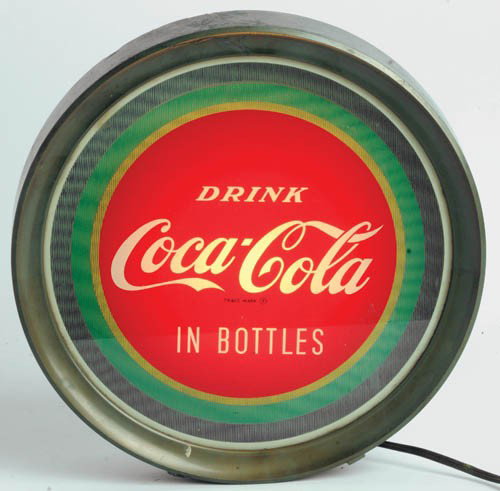 1950's Coca-Cola lightup sign: 1950's lightup sign 11" glass front, tin and plastic can. Works fine, repaired edge crack in plastic. Two small feet missing, good looking sign