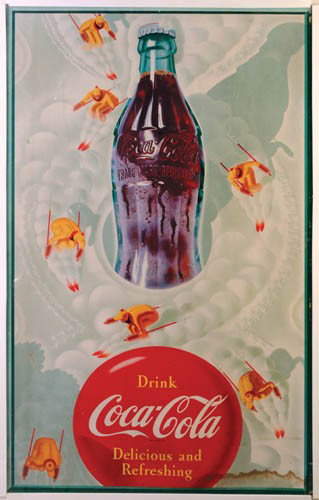 1954 Coca-Cola cardboard sign Skiers around bottle: 1954 cardboard sign Skiers around bottle 29"x 50" wonderful image of skiers going around bottle. This one very rarely turns up. Colors are nice and bright. Some light staining and water damage/stains 