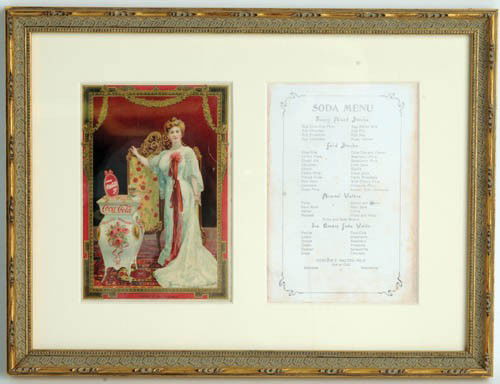 1904 Coca-Cola Soda Fountain menu Lillian Nordica: 1904 Soda Fountain menu featuring Lillian Nordica Reverse side is a photocopy beautifully matted and framed. Perfect color, two white line bends in or near border. Very pretty