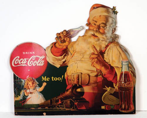 '36 cardboard cutout "Me Too" Santa window display: 1936 cardboard cutout "Me Too" Santa window display 36"x 40" Edge nail holes, some fading on logo. Minor wear