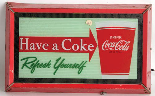 1950's Coca-Cola lightup sign: 1950's lightup sign glass front, tin can (wire frayed, needs new cord). Some wear, scratches and chips on can
