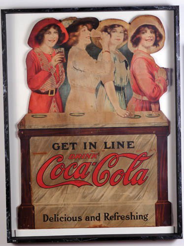 1913 Coca-Cola cardboard "Get In Line" cutout: 1913 cardboard "Get In Line" cutout 32"x 44" Four girls at fountain. Good strong red logo, some wear on ladies. Nail holes, edge stains and wear. A few scrapes and peel. Shadow box framed