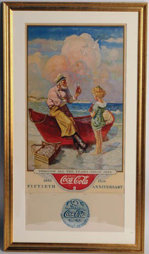 1936 Coca-Cola calendar: 1936 calendar art by N.C. Wyeth, 50th Anniversary. Full pad with cover sheet. Outstanding color, a real beauty, matted and framed