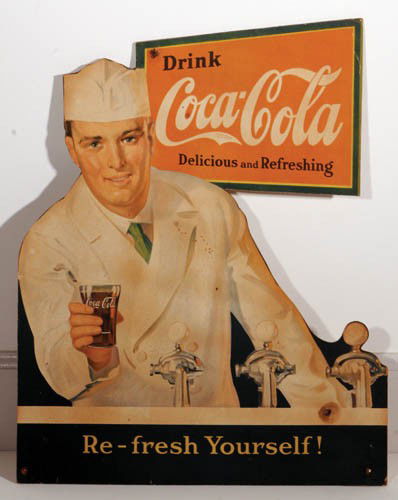 1920's cardboard cutout: 1920's cardboard cutout 15"x18 ½" replaced easel. Four nail holes, some fading, some specks. Still an unusual and nice piece