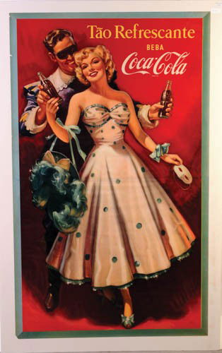1949 Coca-Cola paper sign (South America): 1949 paper sign (South America) Portuguese This sign was actually printed in two pieces and put together 29"x 50", outstanding color. Some edge and corner chips. A real beauty