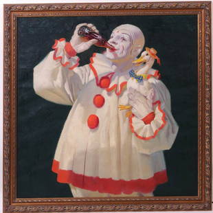 1930's Coca-Cola original art, oil on canvas: 1930's original art, oil on canvas 36"x36". Fabulous image of a clown holding a duck. Although this piece remains unsigned. There is no mistaking who the artist is, Haddon Sundblom. His work has becom