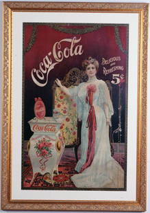 1904 Coca-Cola cardboard sign, Lillian Nordica: 1904 cardboard sign, Lillian Nordica 25"x 40". Good bright colors on this very rare sign. Paper peeling, scratch lines run from 5c on right down to border. Mostly in the background. It really