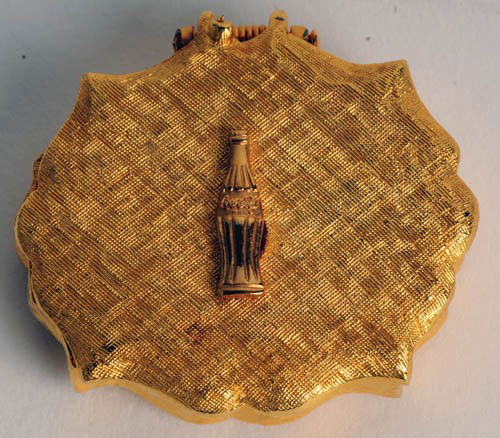 1950 COCA-COLA PILL BOX: c. 1950 Coca-Cola Pill Box, beautiful gold box with applied Coke Bottle